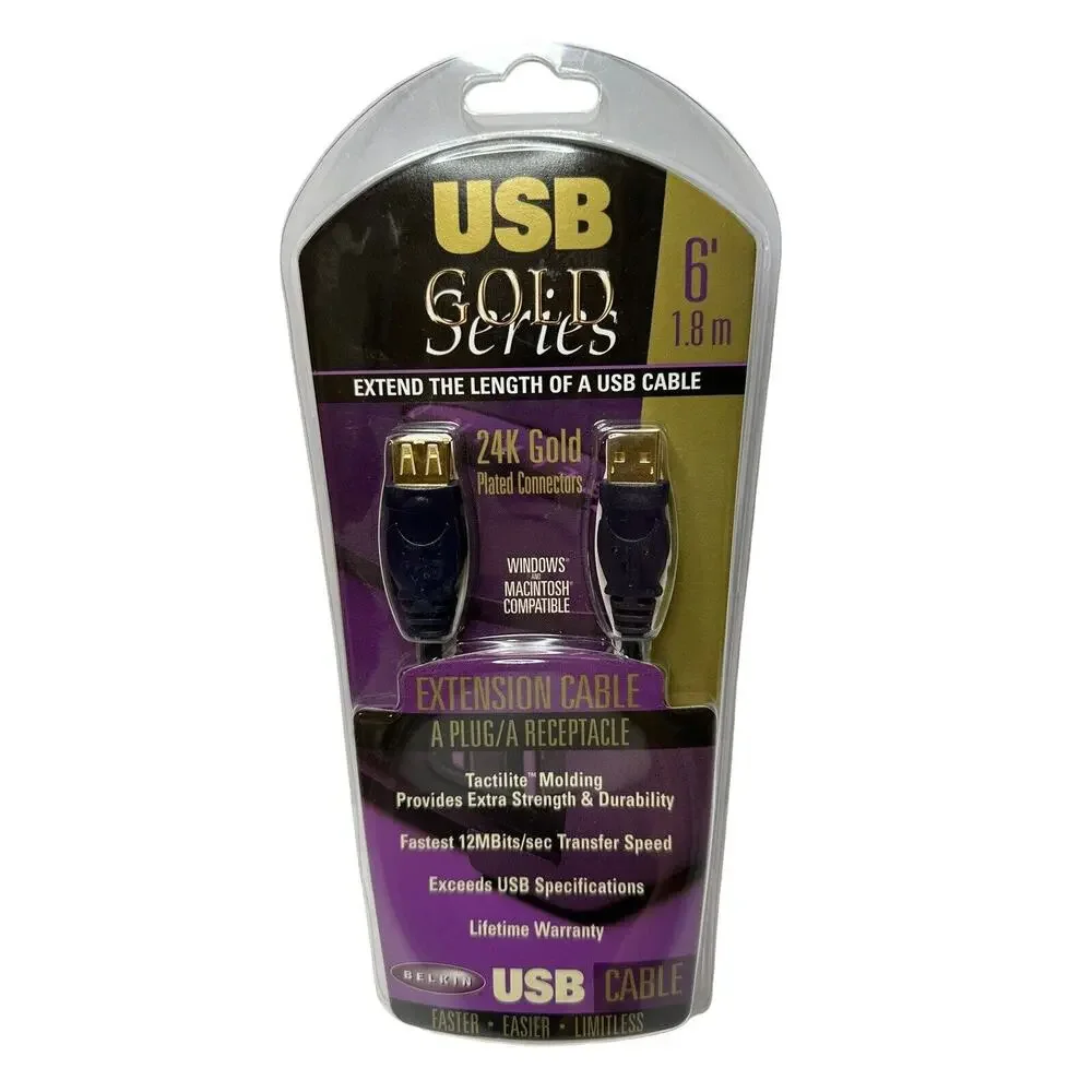 Belkin USB 24K Gold Series 6 Foot Cable Cord P42365 NEW NIB F3U134-06-GLD A Plug